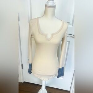 Freepeople Thermal Embroidered Crochet Inset Cuff Long Sleeve Tee